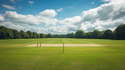 A cricket field with wickets and pitch, sunny day, Traditional style