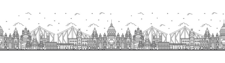 Naklejka premium Seamless pattern with outline Kolkata India City Skyline with Historic Buildings Isolated on White. Kolkata Cityscape with Landmarks.