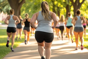 Group of women running park action image lush environment rear view fitness and empowerment