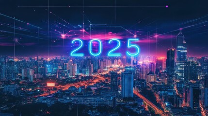 Illuminated Skyline of a High-Tech City at Night: A Vibrant Vision of Future Urban Life and Innovation for 2025