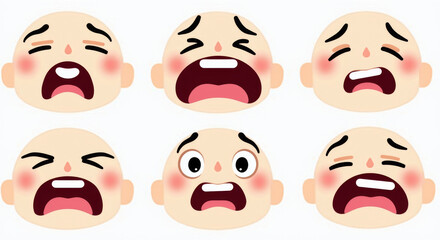 Illustration of Cartoon Facial Expressions Collection, Set of Six Emotive Cartoon Faces, Ideal for Social Media and Graphic Design Projects