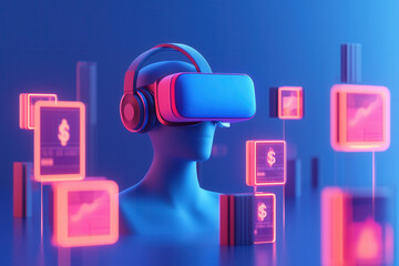 futuristic 3D illustration of virtual reality headset with headphones, surrounded by digital currency symbols and financial graphs, representing cashless transactions and technology