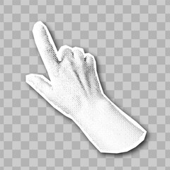 Retro halftone hand icon. Vector collage element on torn paper. Trendy vintage hand gesture. Index finger pointing