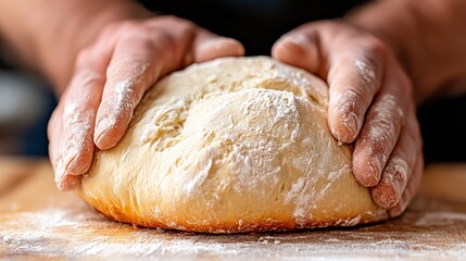 Fototapeta premium A person kneading a ball of dough on a wooden table