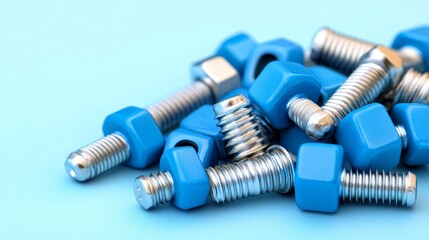 Blue Nuts and Bolts on Blue Background Industrial Hardware Closeup