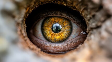 Fototapeta premium A close up of a person's eye looking through a hole in a tree