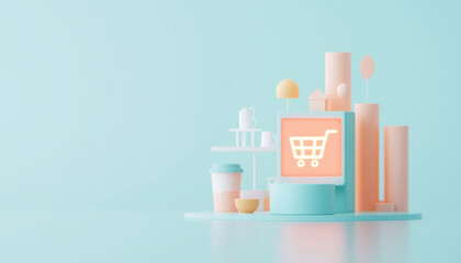 3D illustration of shopping cart on computer screen, surrounded by pastel geometric shapes and objects, creating modern e commerce atmosphere