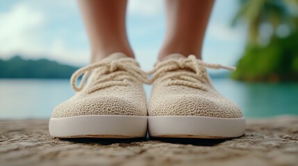 Naklejka premium A person standing on a beach with a pair of shoes