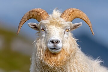 A close up of a goat with large horns