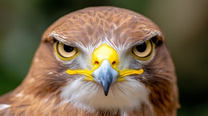 A close up of a bird of prey with yellow eyes