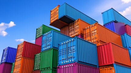 Colorful Shipping Containers Stacked Against Blue Sky