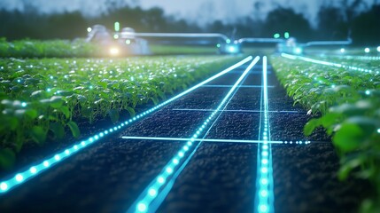 A smart irrigation system in a sustainable farm, where sensors monitor soil moisture and automated sprinklers adjust water usage accordingly. 