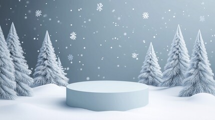 Obraz premium Circular Podium Product Presentation with Snow Falling and Christmas Tree Background for Advertisement