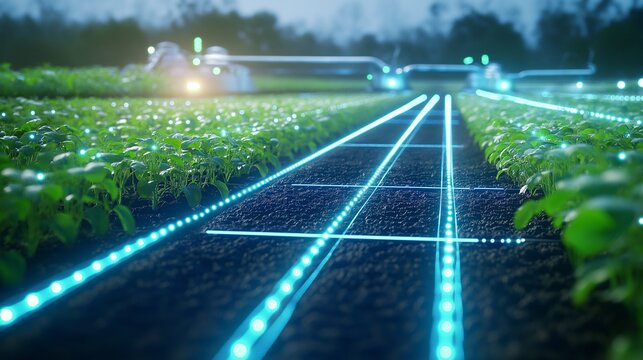 A smart irrigation system in a sustainable farm, where sensors monitor soil moisture and automated sprinklers adjust water usage accordingly. 