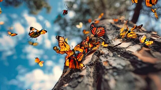 A cluster of monarch butterflies takes flight by a tree trunk, against a clear blue sky backdrop. Generative AI