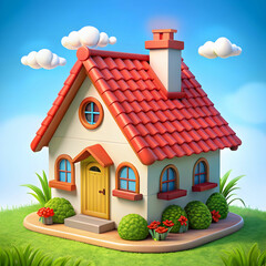Adorable Cartoon House with Red Roof, Isolated