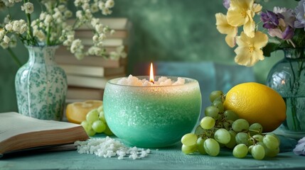 A green bowl with a candle in it sits on a table with a book, a vase