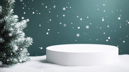 Circular Podium with Snowy Chrismast Tree Background for Product Presentation