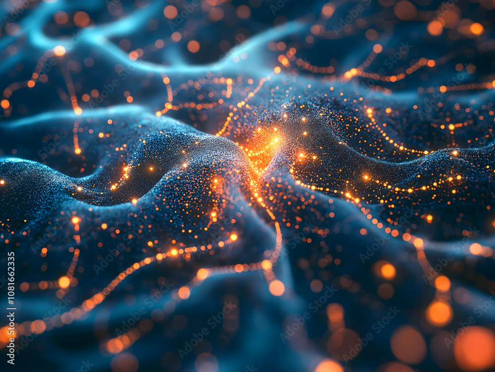 Poster a vibrant, abstract visualization of interconnected nodes and luminous pathways, representing data f