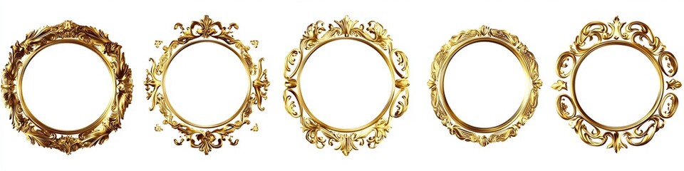 Luxurious Set of Empty Natural Vintage Golden Frame Elements on Isolated White Background