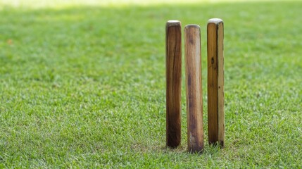 A cricket wicket stumps with bails, outdoor setting with green grass background, Classic style
