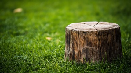 A cricket wicket's wooden stump texture, outdoor setting with green grass background, Natural style