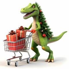 Fototapeta premium Happy Dinosaur Pushing Shopping Cart with Christmas Gifts