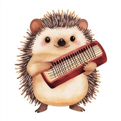 Cute Hedgehog Playing Harmonica on Isolated White Background in Watercolor Painting
