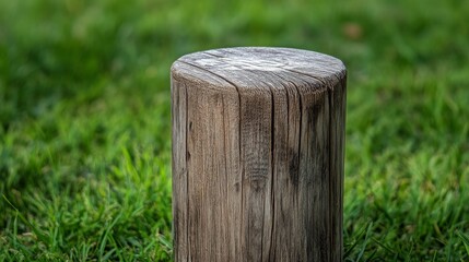 A cricket wicket's wooden stump texture, outdoor setting with green grass, Artistic style