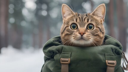 pet travel  vacation  road trip concept. A curious cat peeks out from a green backpack, set against a snowy forest backdrop, conveying a sense of adventure and exploration.