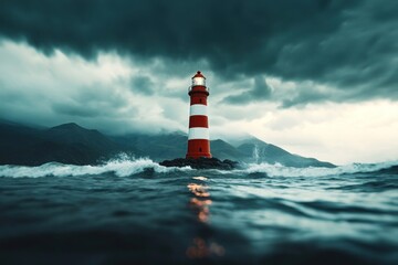 Stormy waves crash against striped lighthouse coastal landscape photography dramatic weather seaside view nature's power