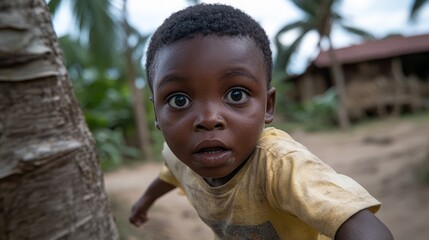 A young boy looking up at the camera