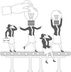 Giant hand is installing an idea light bulb head for group of businesswomen who are waiting in a row