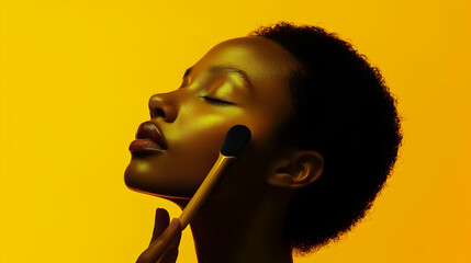 Woman with Short Curly Hair Applying Makeup in a Yellow Studio - Illustration