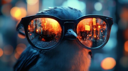 A bird wearing glasses with a reflection of the city in the lenses