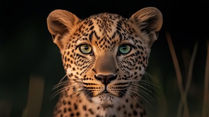 Obraz premium A close-up portrait of a leopard showcasing its striking green eyes and distinctive spots.