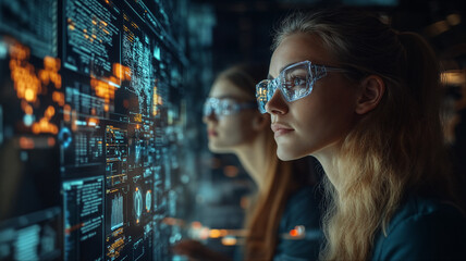 Focused woman analyzing futuristic digital interface, technology and data innovation concept, cyber intelligence