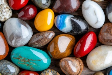 A pile of different colored stones on a wooden surface