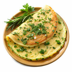 Freshly Cooked Omelet Garnished with Herbs, Isolated