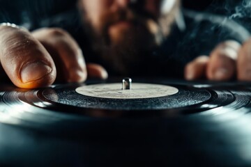 Obraz premium A man playing a record on a turntable with smoke coming out of it