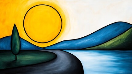 Obraz premium A painting of a landscape with a lone tree in the middle of it