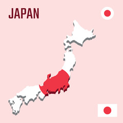 3D Japan map with flag, Three dimensional map of Japan with shadow