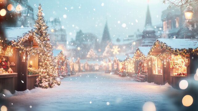 Festive christmas market winter scene with glowing lights, snowy streets, and holiday decorations, featuring a cozy atmosphere and copy space for new year celebrations and seasonal greetings