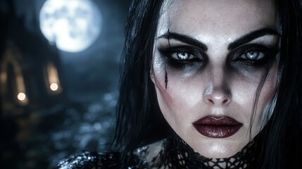 A woman with dark makeup and a full moon in the background