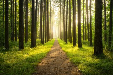 Obraz premium Morning sunlight illuminates forest path nature landscape tranquil woods eye-level serenity