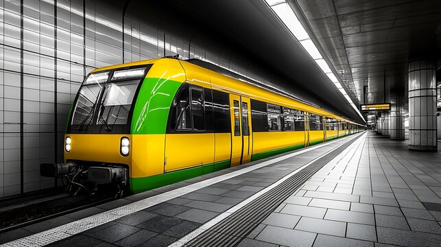 Modern train parked at the station or platform in Berlin, side view, subway at eye level, black and white, subtle lighting, geopunk, lumen reflections of dark green and yellow light colors