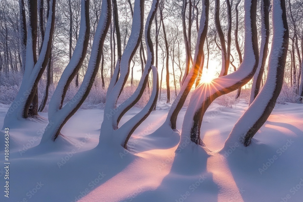 Poster A snowy forest scene with sun shining through the trees, creating a magical glow.