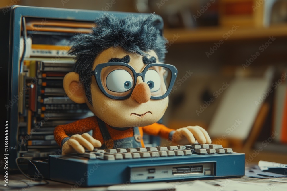 Poster a cartoon character wearing glasses is typing on an old computer. he is looking intently at the scre