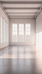 A minimalist interior space featuring large windows, natural light, and clean lines, ideal for artistic or functional purposes.