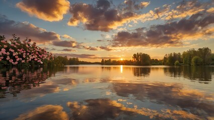 A romantic sunset over a tranquil lake, with heart-shaped clouds reflecting on the water, surrounded by blossoming roses and soft golden light
